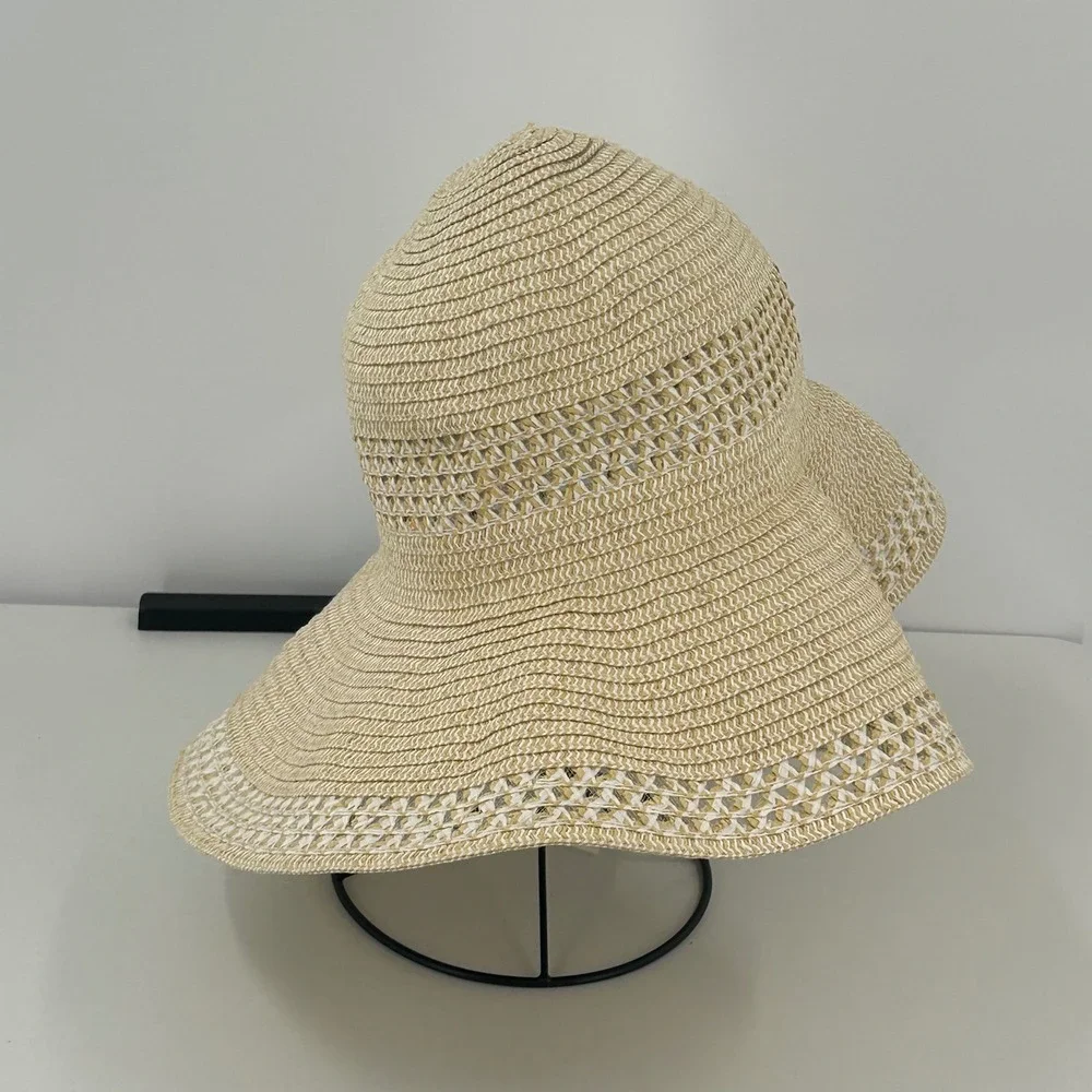 Calia Womens Tan White Woven Straw Wide Brim Floppy Sun Hat Beach Costal
